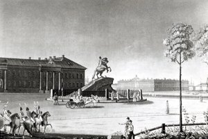 Vista de la estatua de Pedro el Grande en la Plaza del Senado, San Petersburgo de French School